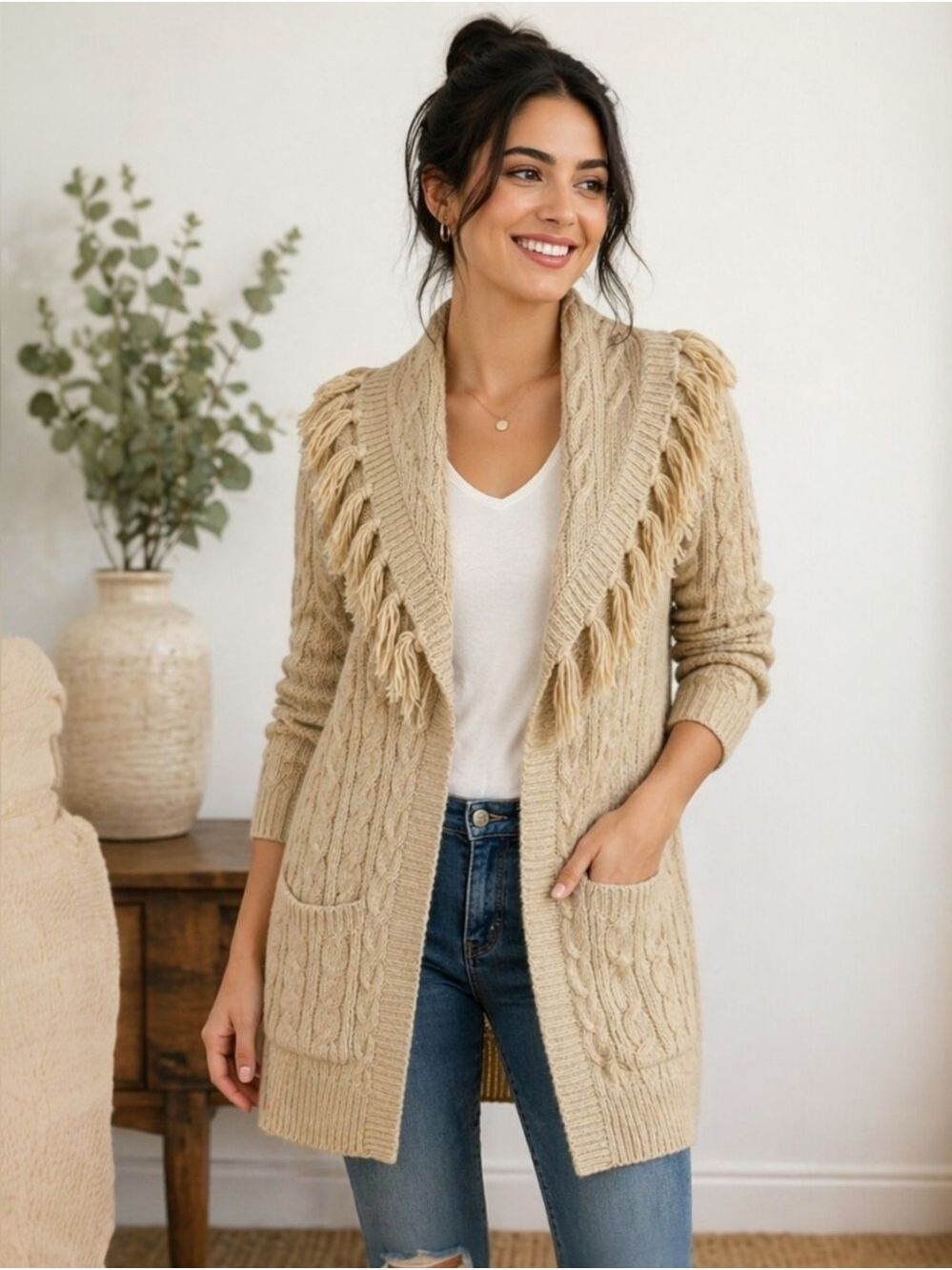 Chico’s Tan Gold Thread Fringed Shawl Cardigan Sweater Size XS (Chico's 00)